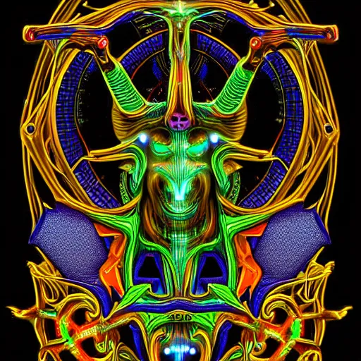 Image similar to biomechanical baphomet sigil merged with mainframe circuitry, multicolored digital art