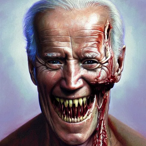 Prompt: a portrait of joe biden, flesh eating worms, macabre, horror saw teeth, horror rotten teeth, peeling face skin, by donato giancola and greg rutkowski and wayne barlow and zdzisław beksinski, realistic face, visible face, digital art, artstation, symmetry