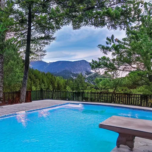 Prompt: patio with beautiful pool overlooking mountains