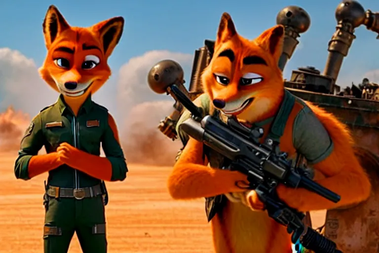 Image similar to nick wilde ( from zootopia ), heavily armed and armored facing down armageddon in a dark and gritty reboot from the makers of mad max : fury road