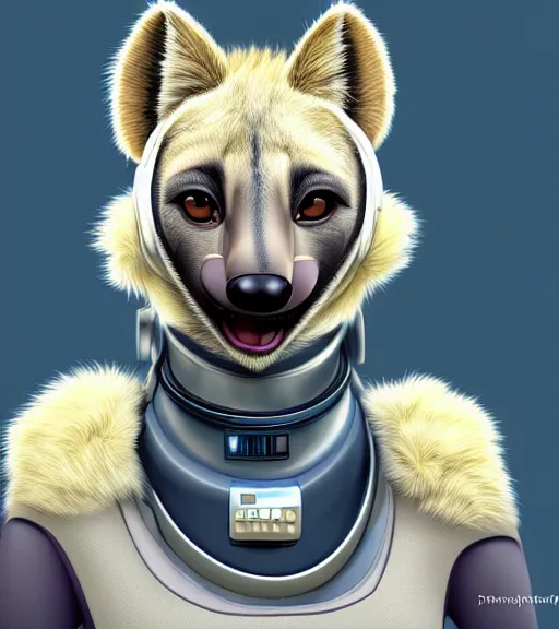 Image similar to digital detailed portrait of anthromorphic female hyena, in style of zootopia, fursona, furry, furaffinity, 4 k, deviantart, wearing astronaut outfit, in style of disney zootopia, floating in space, space background, in deep space, dark background, hyena fursona, cyberpunk, female, detailed face, style of artgerm,