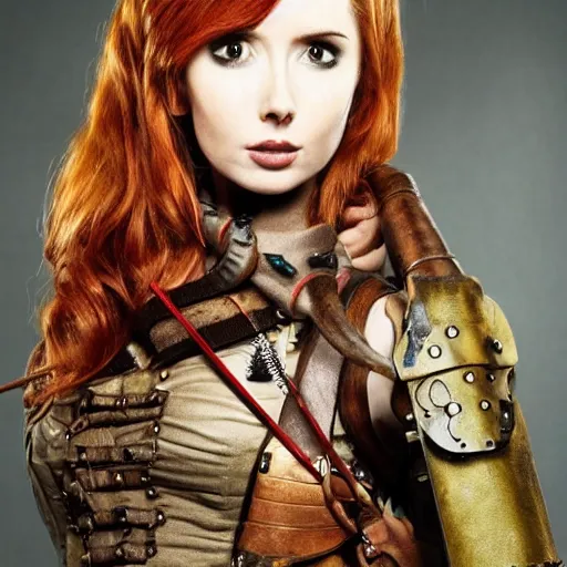 Prompt: full body photo of karen gillan as a steampunk archer