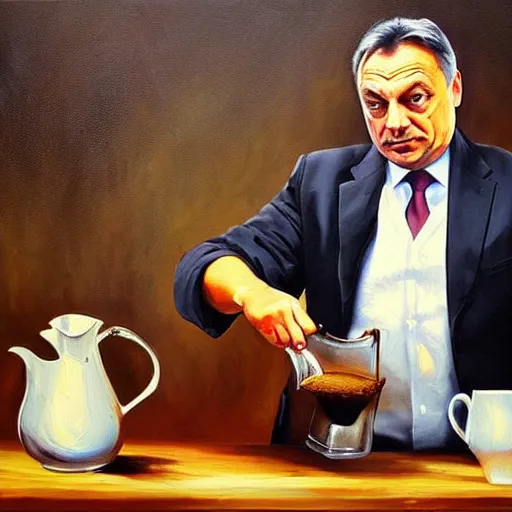 Prompt: viktor orban making drip coffee, oil painting