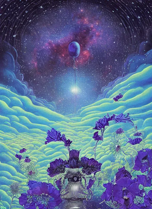 Image similar to detailed, intricate blue black and purple papaverum flower on the field, nebula, galaxy in the sky, winning award masterpiece, fantastically beautiful, illustration, aestheticly inspired, jacek yerka, upscale with anguissola sofonisba work, artstation, 8 k