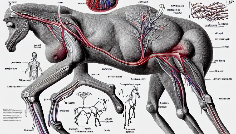 Image similar to psychedelic anatomically accurate labeled medical diagram of centaur, intricate parts, fine details, hyper realistic, elegant minimalism, by seichen, surreal