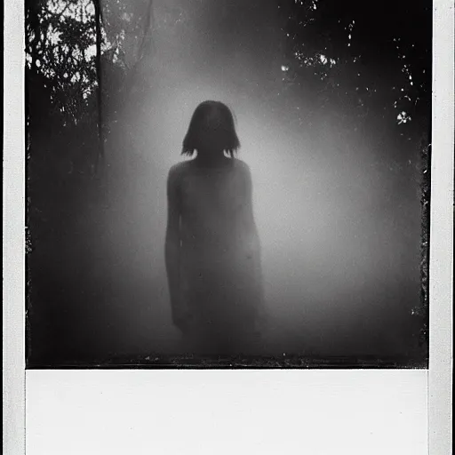 Image similar to an ancient evil-girl devouring the souls of the human kind on a mysterious Colombian jungle, mist, abandoned house, 1910 polaroid photography, grainy film, Black and white