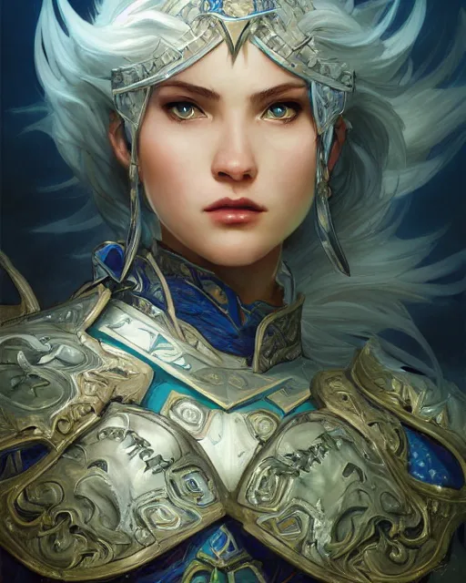 Image similar to Portrait of a Fantasy azure knight, moonlit, HD, illustration, epic, D&D, fantasy, intricate, elegant, highly detailed, digital painting, artstation, concept art, smooth, sharp focus, illustration, art by artgerm and greg rutkowski and alphonse mucha, monster hunter illustrations art book