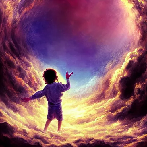 Image similar to Michal jackson dancing with a little kid in heaven, cinematic, beautiful digital painting, hyper detailed