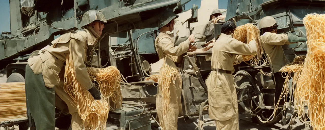 Image similar to transporting spaghetti, world war 2, u. s. army, canon 5 0 mm, kodachrome, in the style of wes anderson, retro