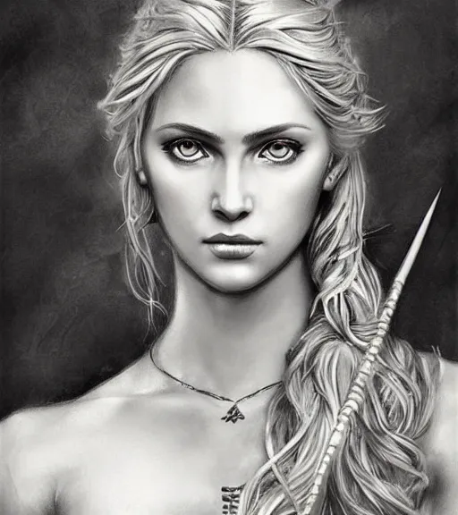 Image similar to portrait of beautiful aphrodite goddess as an archer warrior, arrow, beautiful piercing eyes, flowing blonde hair, realistic face, black and white drawing, in the style of greg rutkowski, fantasy, amazing detail, epic, intricate, elegant, smooth, sharp focus