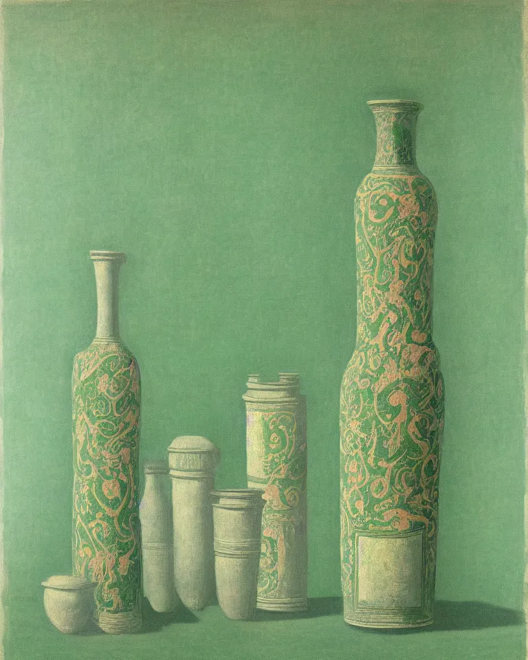 Image similar to achingly beautiful print of intricately painted ancient greek lekythos on a green pastel background by rene magritte, monet, and turner.