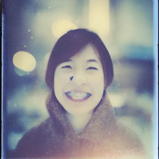 Prompt: a smiling young japanese woman on a snowy night, polaroid, close-up, yellow lights in the background ]-n 4