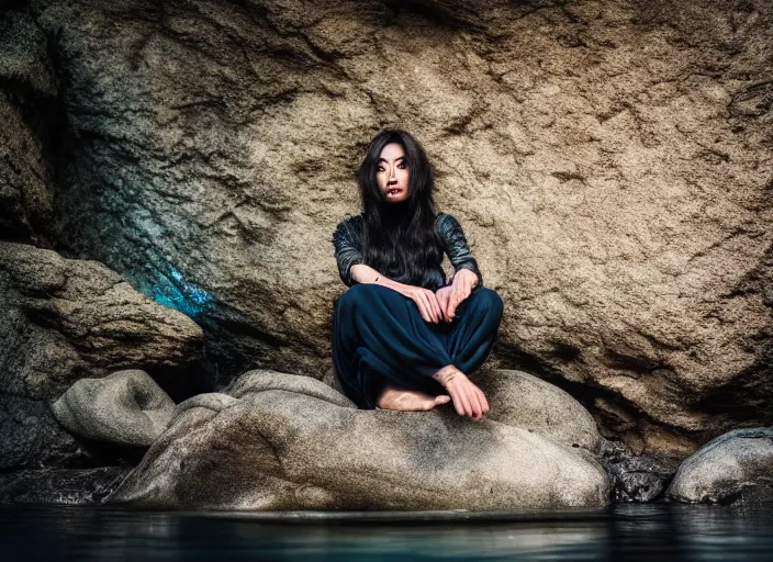 Prompt: portrait fully clothed half woman half fish sitting on a rock in a river in an underground cave. fantasy magic style. highly detailed 8 k. intricate. lifelike. soft light. sony a 7 r iv 5 5 mm. cinematic post - processing