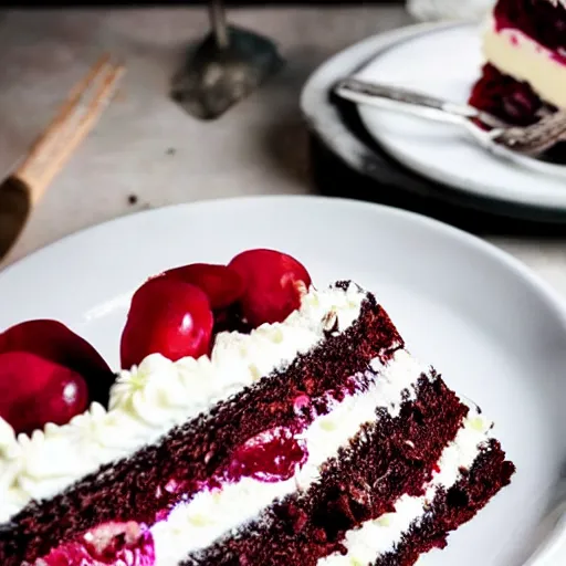 Image similar to the most delicious slice of black forest cake, close up food photography, trending on pintrest