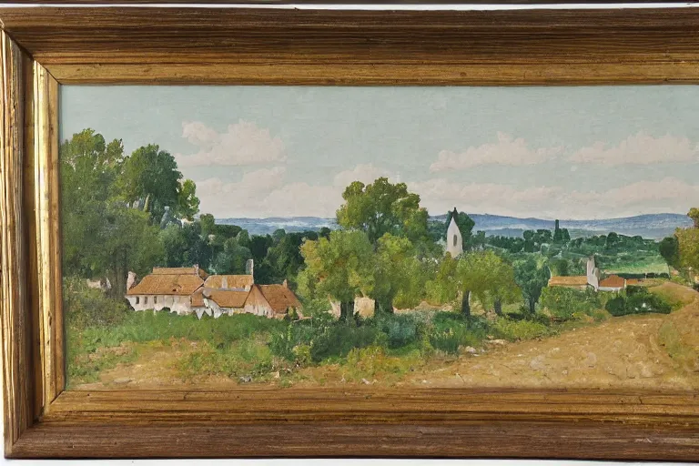 Prompt: Masterpiece of a large Provence landscape, country side and small town, gouache, by Jean Hugo