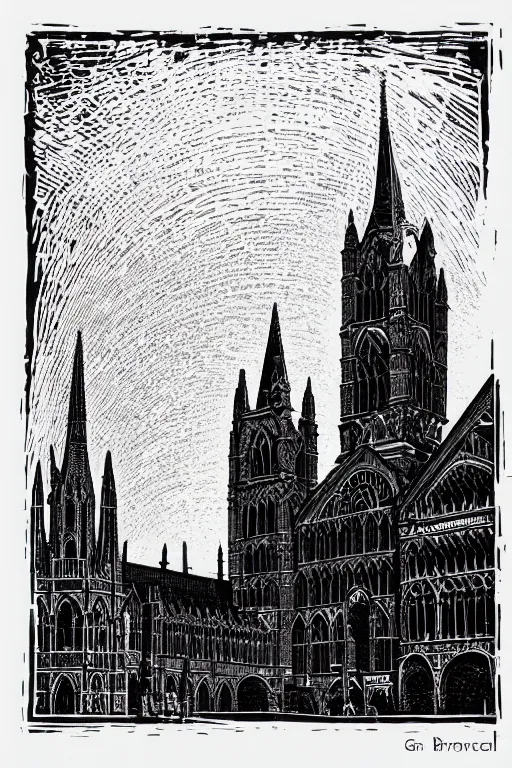 Prompt: a beautiful linocut print on paper of st pancras, london, 8 k, frostbite 3 engine, cryengine, dof, trending on artstation, digital art, crepuscular ray, by gail brodholt