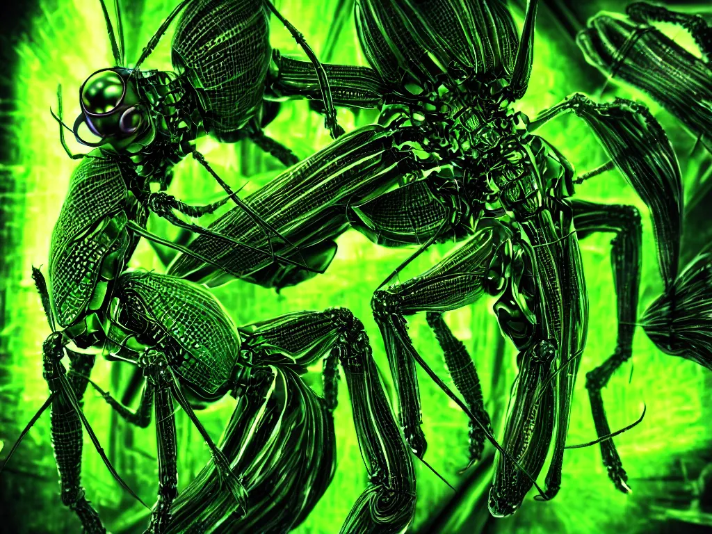 Image similar to a terrifying giant bug emerging from strands of neon green computer code text, matrix, hyperrealistic, digital painting, 8 k, artstation, very detailed