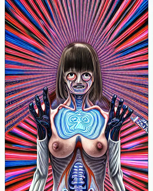 Image similar to human body breaking away, conjuring psychedelic image, part by shintaro kago, part by alex gray, ultra realistic, highly detailed, 8 k, trending on artstation, masterpiece, epic, symmetry