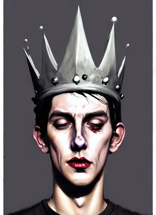 Image similar to portrait of zombie jughead jones wearing a light grey crown, photorealistic, zombie, crown, eyes closed, crown, black hair, intricate, elegant, glowing lights, highly detailed, digital painting, artstation, concept art, sharp focus, illustration, art by wlop, mars ravelo and greg rutkowski