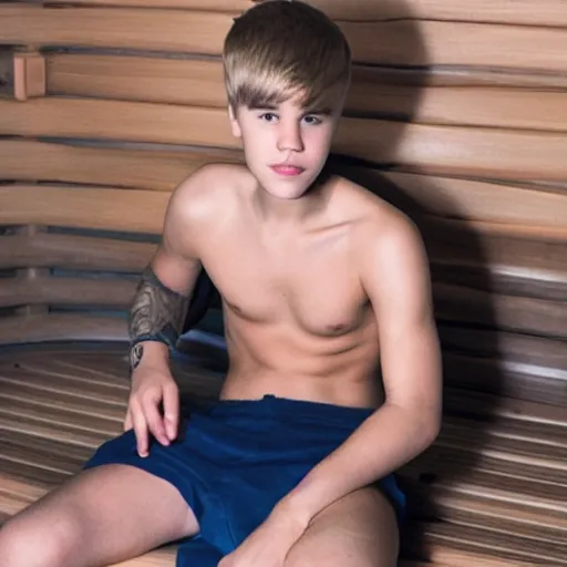 Image similar to high-resolution photograph of Justin Bieber in a sauna with really hairy chest