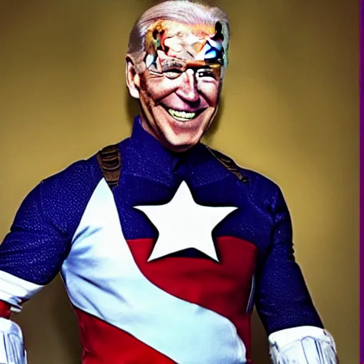 Prompt: joe biden as captain america, lost in space, smiling ominously, with a purple mohawk, in the style of Picasso