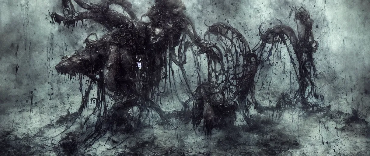 Image similar to wet collodion photography of early xx century cthulhu sleeping in r'lyeh sunken city by emil melmoth zdzislaw beksinki craig mullins yoji shinkawa realistic render ominous detailed photo atmospheric by jeremy mann francis bacon and agnes cecile ink drips paint smears digital glitches glitchart