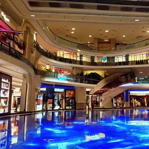 Image similar to photo of inside a shopping mall the inside is flooded with over 1 5 meters of water clear beautiful water, highly detailed.