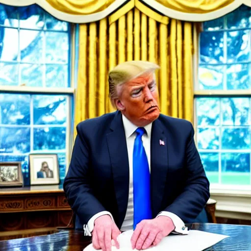 Image similar to candid portrait photo of president trump eating crumpled up wads of paper, oval office backlit