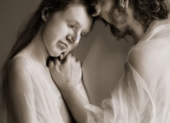 Image similar to married couple, jesus hugging a woman, spirit hugs, in style of paolo roversi, britt marling style 3 / 4, a beautiful ethereal lace white robe, 8 k, soft focus, soft light, volumetric lighting, highly detailed realistic, refined, highly detailed, natural outdoor soft pastel lighting colors scheme