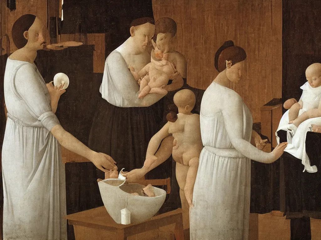 Image similar to Close up of delicate hands giving milk to a baby at the chest, water jug, white dress. Painting by Piero della Francesca, Morandi, Balthus