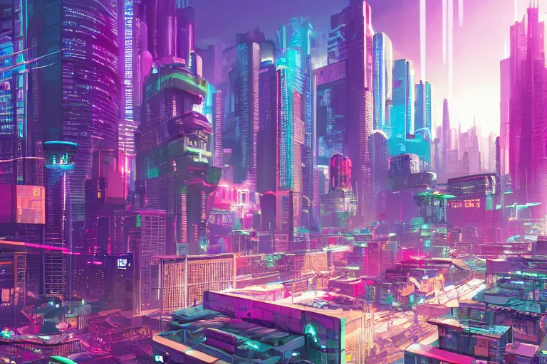 Prompt: optimistic bright utopian cyberpunk city