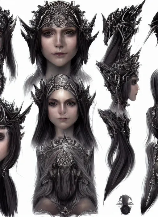 Image similar to full body concept art sheet, photorealistic symmetrical beautiful teenage face, symmetric eyes, female priestess with shiny hair wearing full intricate clothing, temple, godray, intricate, cg society, Elden Ring, darksouls, bloodborne