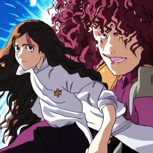 Image similar to hermione granger fighting against bellatrix lestrange, in the style of studio gainax, 2 0 1 9 harry potter anime series finale