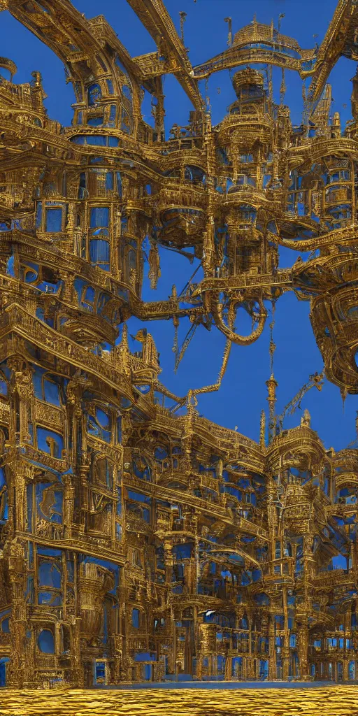 Image similar to full body shot of a huge architectural complex made of gold and metal and blue iron, excavated by blue rivers, victorian ornaments, highly detailed, technical, render, digital blueprint, concept art, sharp focus, global illumination, ray tracing, nvidia, realistic shaded, octane render