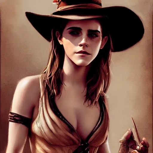 Prompt: sensual emma watson wearing a cowboy hat and a dress, looking seductive, wild west setting, hyperrealistic, artgerm, greg rutkowski, artstation, highly detailed