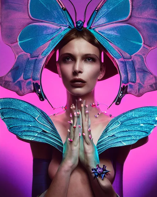 Prompt: natural light, soft focus portrait of a cyberpunk anthropomorphic butterfly with soft synthetic pink skin, blue bioluminescent plastics, smooth shiny metal, elaborate ornate head piece, piercings, skin textures, by annie leibovitz, paul lehr