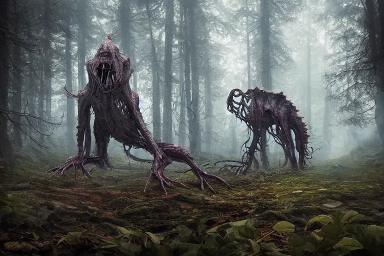 Image similar to creepy eldritch monster in a swedish forest, very low angle photograph, very detailed, trending on artstation, realistic, soft colors, simon stålenhag, lovecraft, horror