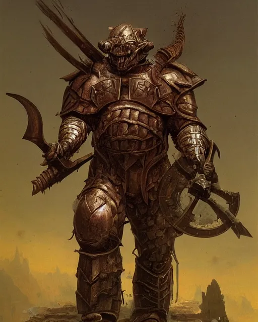 Prompt: a heavily armoured orc warrior by Thomas Cole and Wayne Barlowe