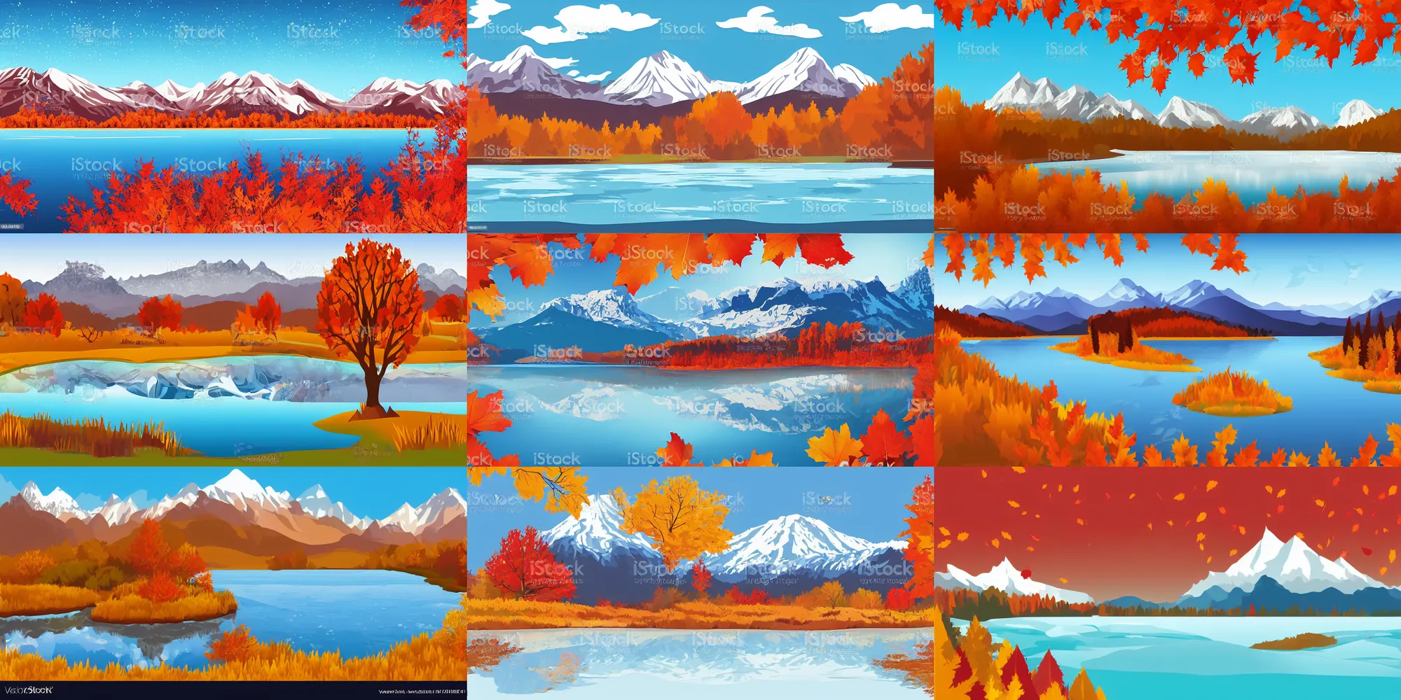 Prompt: Autumn landscape with mountains in the distance and a frozen lake, vector art