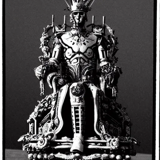 Prompt: grainy 1800s photo of the high cybernetic warrior crown prince overlord in triumph on his throne. his throne is made of human bones