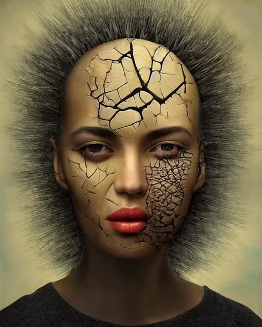 Image similar to surrealist portrait art in the styles of igor morski, jim warren, and aida muluneh, intricate, hyperrealistic, accurate facial details, profile picture with chromakey!!!!! background, volumetric lighting