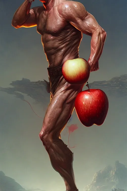 Image similar to bruce willis with skin of an apple, hyper detailed, digital art, artstation, cinematic lighting, studio quality, smooth render, by peter mohrbacher, hajime sorayama, wayne barlowe, boris vallejo, aaron horkey, gaston bussiere, craig mullins