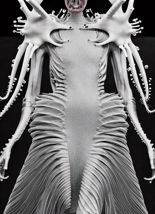 Image similar to walking down the catwalk, steven klein, show, stage, vogue photo, podium, fashion show photo, historical baroque dress, iris van herpen, beautiful woman, full body shot, masterpiece, alien, plant predator, guyver, jellyfish, white biomechanical details, highly detailed