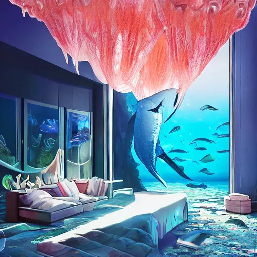 Image similar to real photo of the modern fashionable room as aquarium with a chandelier as a big jellyfish, beautiful corals on the walls and dangerous sharks on the big panoramic window, realism, sharp details, cinematic, a lot of gleans, under the ocean, realistic colors, realistic shadows, daylight by beeple and by greg rutkowski