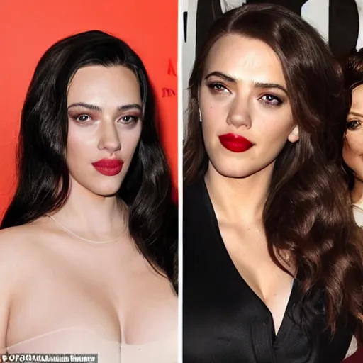 Image similar to a woman who is a genetic combination of kim kardashian and kat dennings and scarlett johansson and margot robbie and emma watson, face and upper - body focus