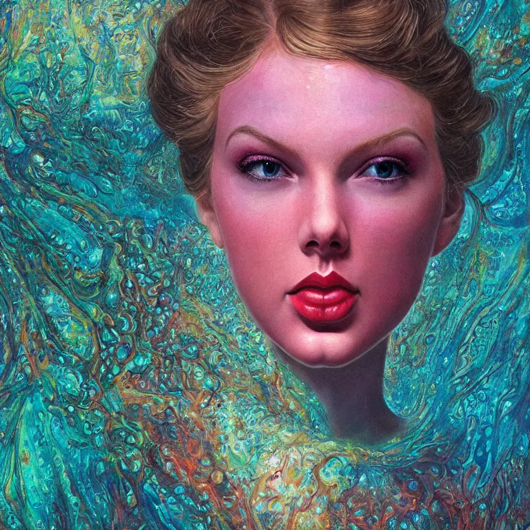 Prompt: Hyperrealistic intensely colored close up studio Photograph portrait of a deep sea bioluminescent Taylor Swift covered in chromatophores, symmetrical face realistic proportions eye contact, sitting in Her throne underwater, award-winning portrait oil painting by Norman Rockwell and Zdzisław Beksiński vivid colors high contrast hyperrealism 8k