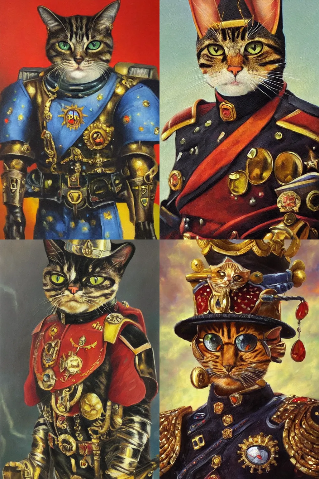 Prompt: an oil painting of a cat as an Imperial officier from the Warhammer 40k, sparkly detailed cat eyes, glorious, cinematic, realistic lighting, masterpiece painting by Louis William Wain
