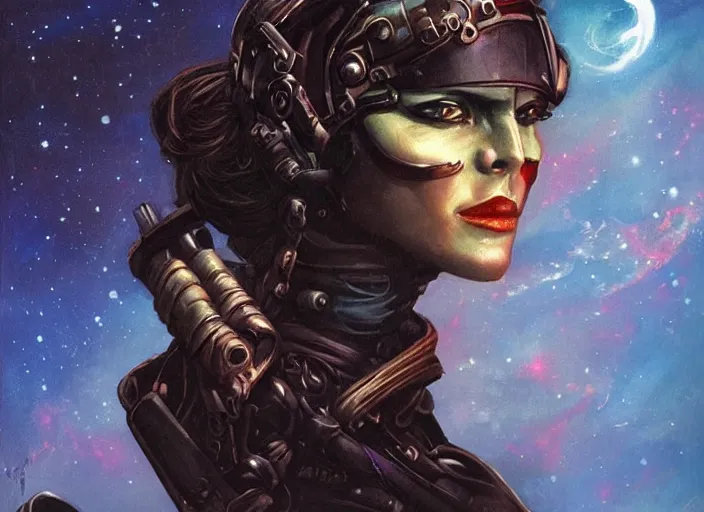 Image similar to portrait of female space pirate, night sky background, beautiful! coherent! by brom, deep color, strong line, high contrast