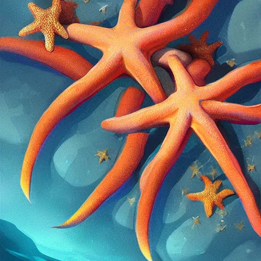 Prompt: Royal starfish on a bed of coral, digital painting, artstation