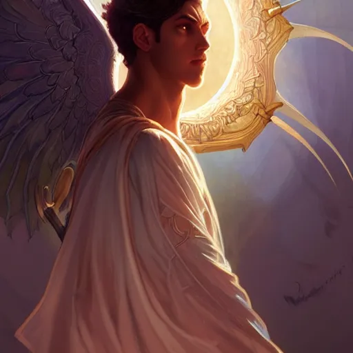 Prompt: attractive angel male deity, casting magic, summoning handsome lucifer morning star, fantasy, intricate, elegant, highly detailed, digital painting, artstation, concept art, matte, sharp focus, illustration, art by artgerm and greg rutkowski and alphonse mucha